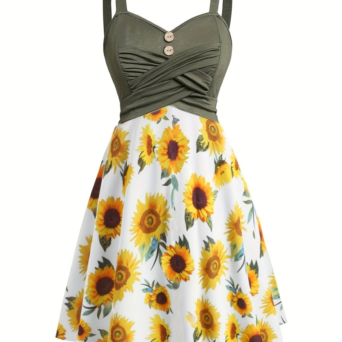 Charming Sunflower Print Patchwork Tank Dress - Vintage Button Crisscross Front - Effortlessly Stylish Sleeveless Womens Casual Wear