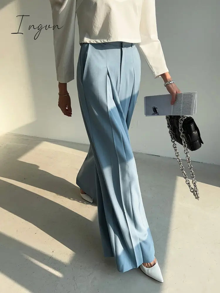 Ingvn - Korean Chic Summer Simple High Waist Pleated Women Wide Leg Pant Solid Color Casual Spring Straight Loose Trouser 2023 New
