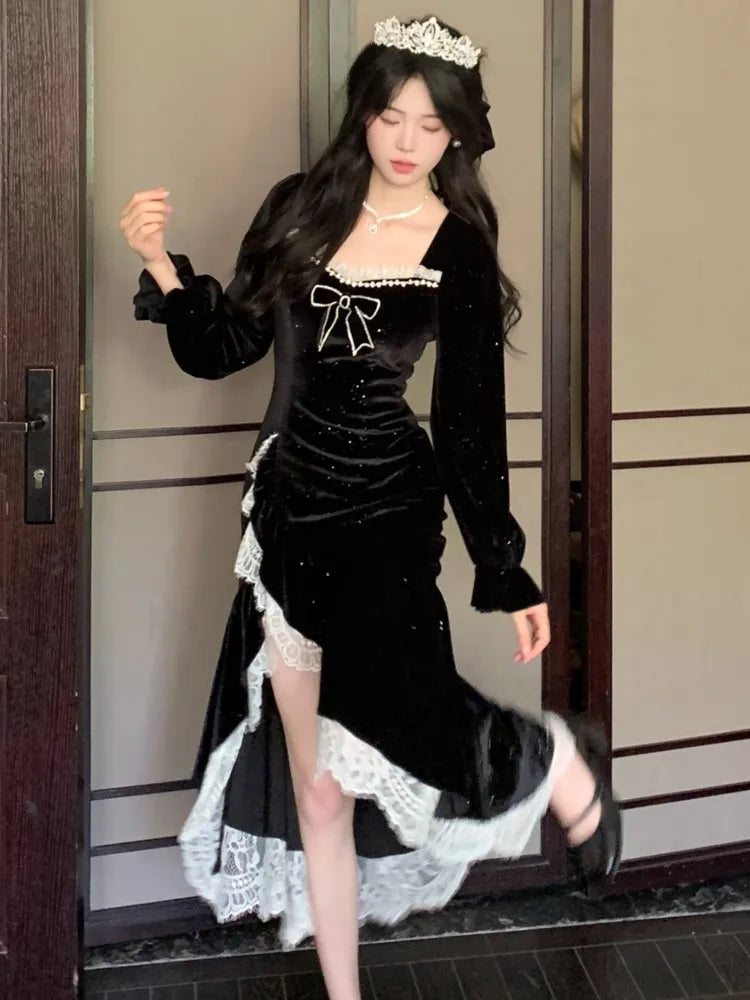Vintage Mermaid Evening Dresses for Women Elegant Sequins Velvet Lace Patchwork Slit Party Dress Autumn Slim Fit Vestidos Mujer