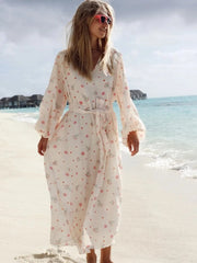 Ingvn  New  Autumn Women's V-neck Long Sleeve Floral Print Beach Dress Female Casual Loose Chiffon Long Vacation Dresses with Belt