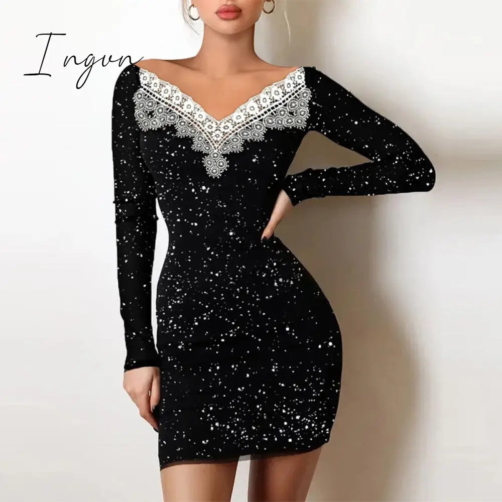 Ingvn - Spring Off Shoulder Splicing Lace Dress Sexy Slim-Fit Bright Silk Bag Hip Black Dress Fashion Elegant Women New Mini Party Dress