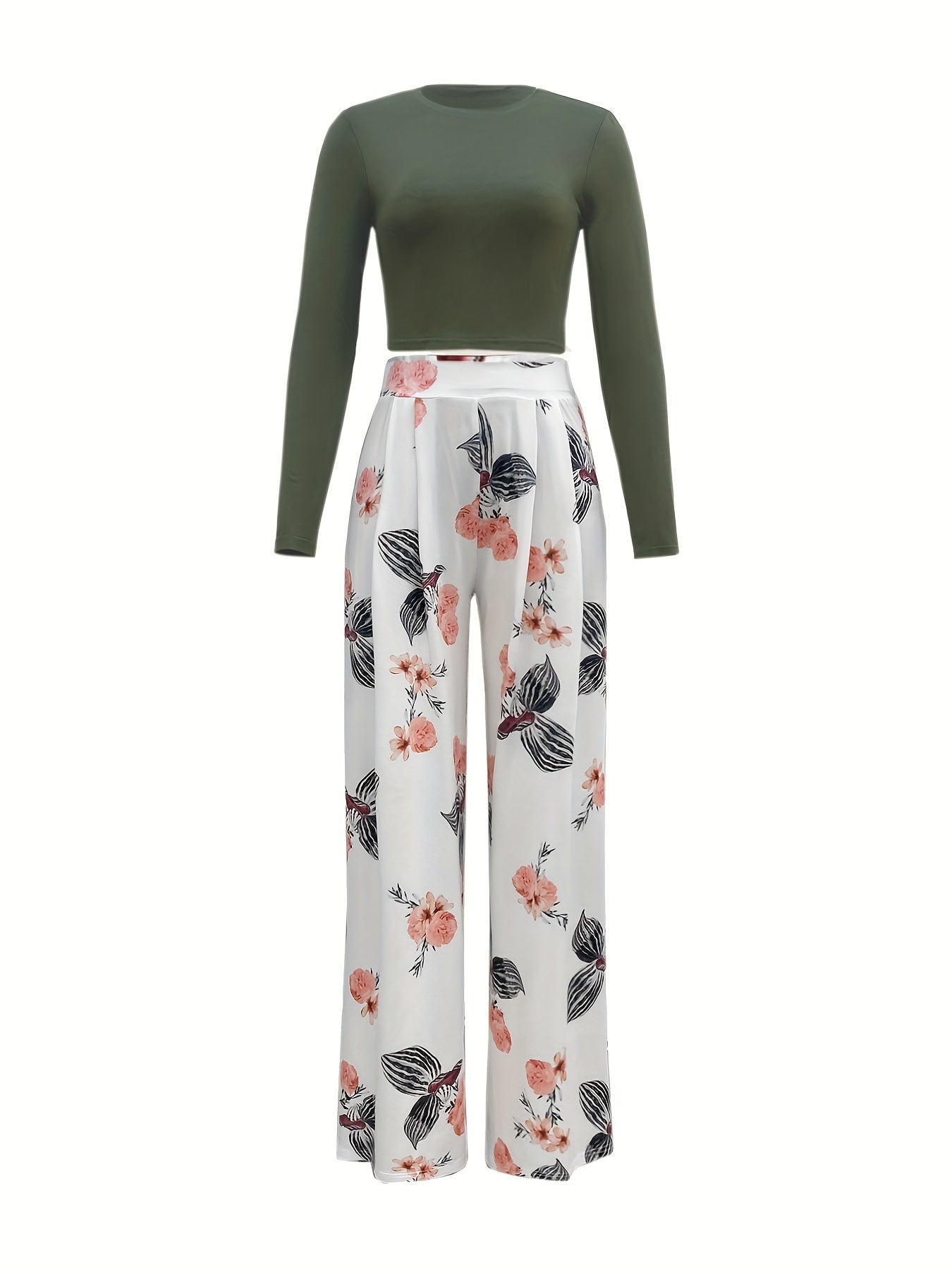 Chic Womens Two-Piece Set - Soft Solid Top with Flowing Floral Pants - Casual Wide Leg Outfit for Everyday Style