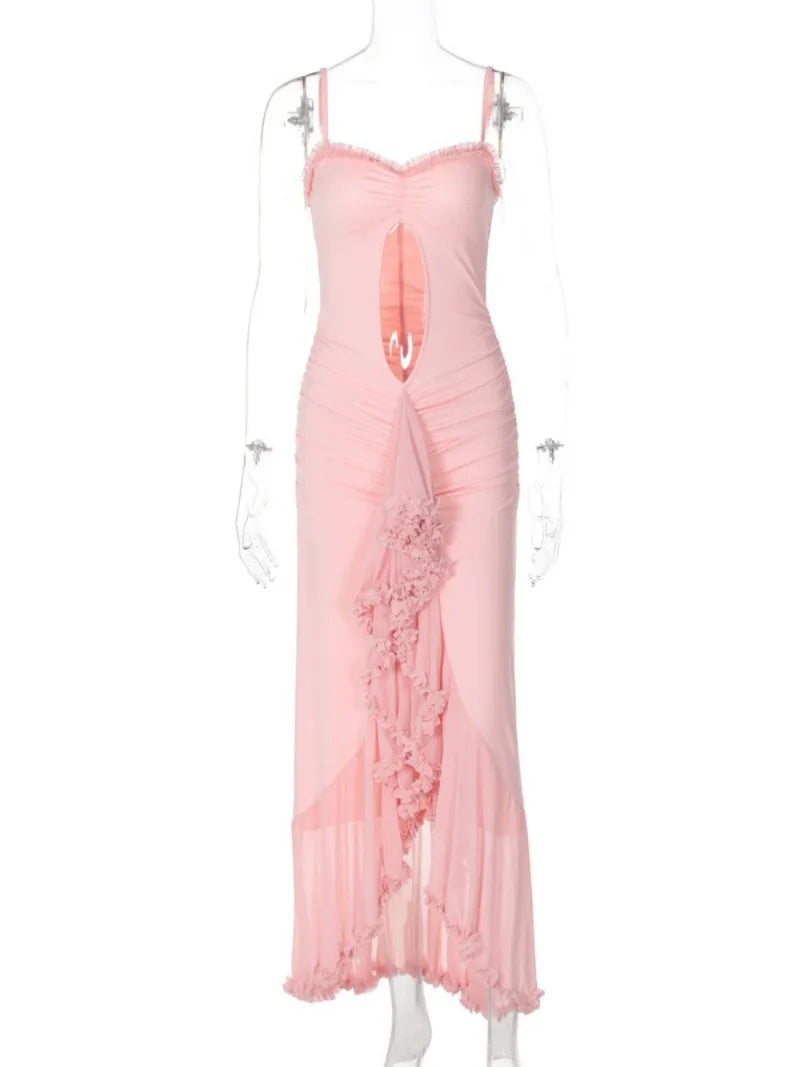 Ingvn  Woman Clothing  Summer Sexy Hollow Out Ruched Mesh Evening Dress Female Sleeveless Irregular Slim Long Party Dresses Pink