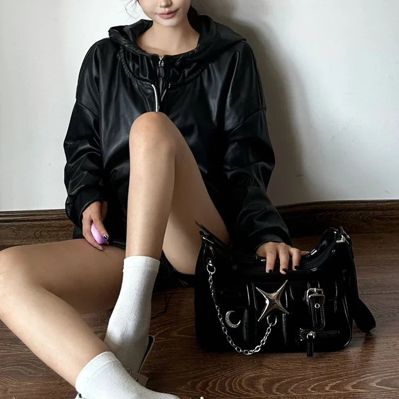 Ingvn  Y2k Womens Shoulder Bag Harajuku Fashion Gothic Casual Black Chains Handbag Hot Girls Pu Leather Ladies Motorcycle Bag Sac