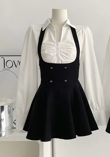 Voguable  Y2K 3 Piece Set Women Cropped Coat + Long Sleeve Shirt + High Waist Halter Ruffles Mini Dress Korean Chic Fashion Sexy Outfits