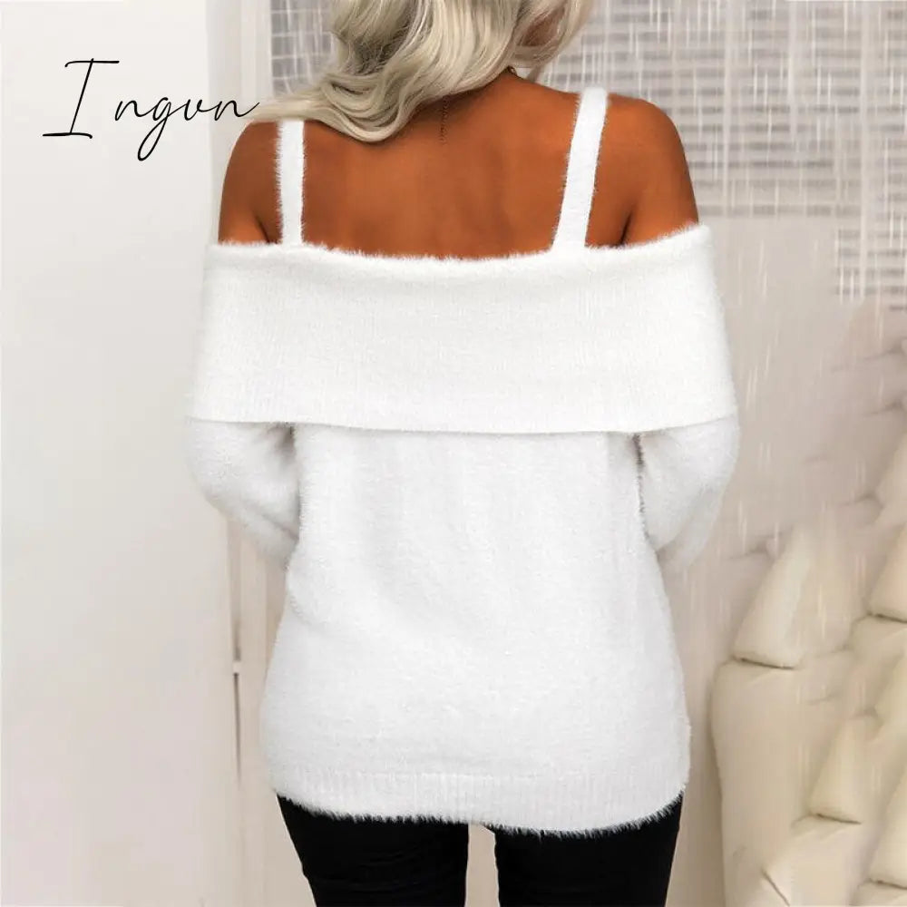 Ingvn - Elegant Off Shoulder Knitted Sweater Women Winter Slim Oversized Sweaters Pullovers Autumn Solid Color Jumper Pull Femme
