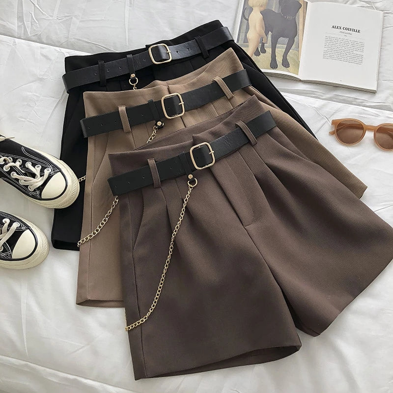 New Summer Women's Shorts Button Solid Color Pocket Casual High Waist Suit Shorts Casual Thin Women Clothing + Send Belt