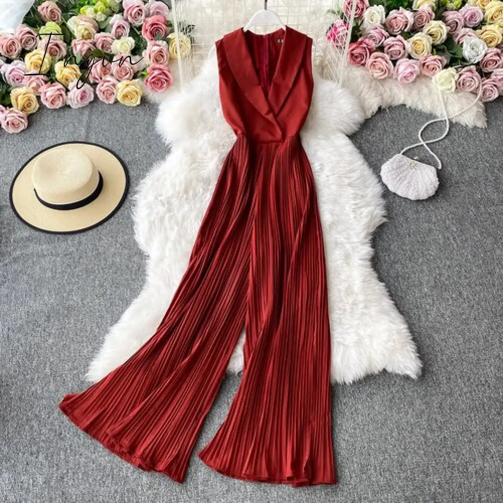 Ingvn - Vintage Notched Collar Draped Rompers For Women Casual Sleeveless High Waist Wide Leg Playsuits Female Beige/Green Jumpsuit