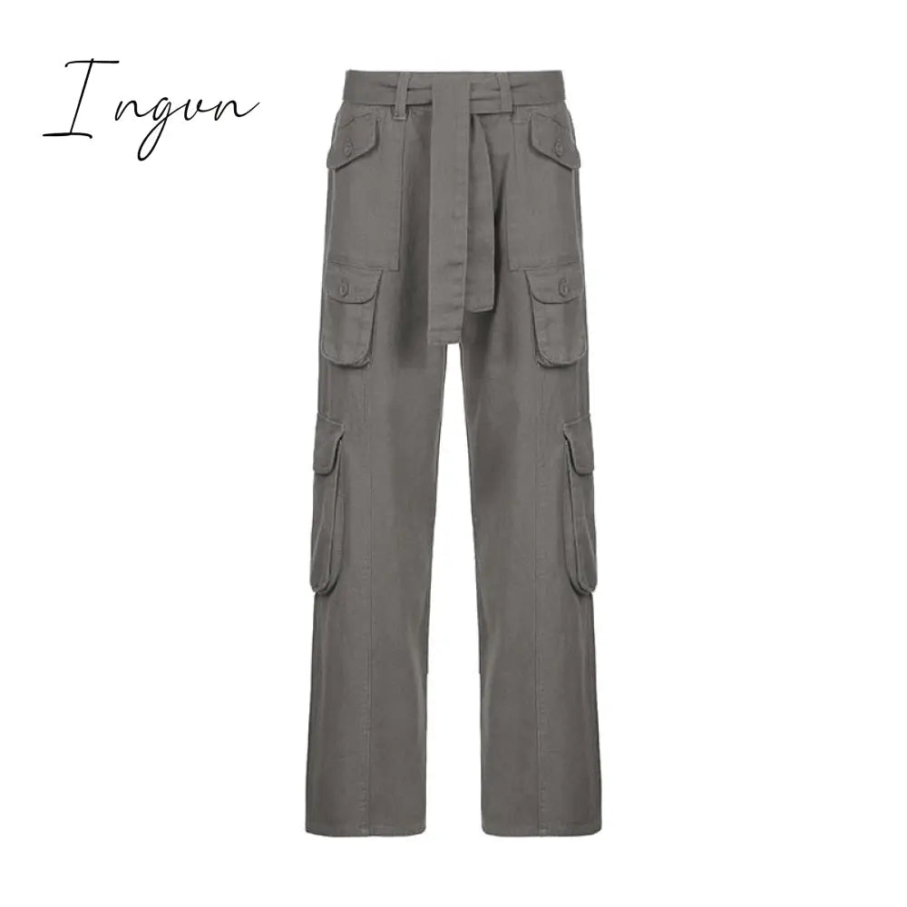 Ingvn - Fashion Women's Jeans Y2K High Street Waist Denim Trousers Drawstring Waist Flap Pocket  Baggy Jeans Loose Women's Classic Pants