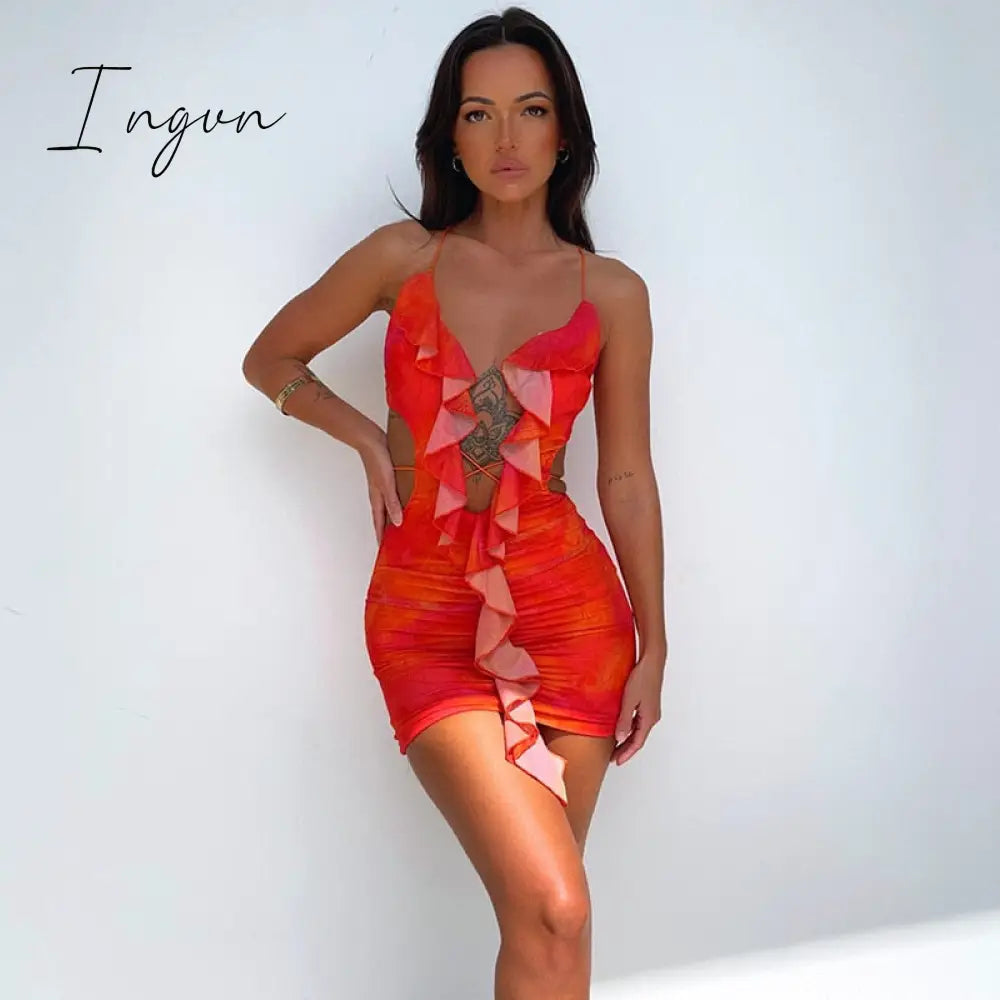 Ingvn - Hollow Out Ruffle Sexy Mini Dress For Women Robe Summer New Halter Backless Bodycon Beach Holiday Party Dress Vestido