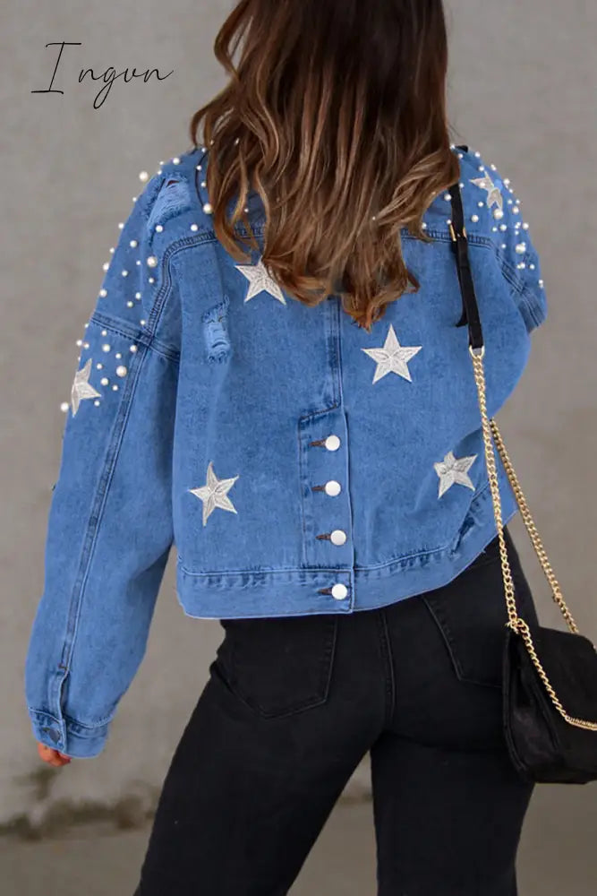 Ingvn - Casual Solid Beading Turndown Collar Long Sleeve Denim Jacket
