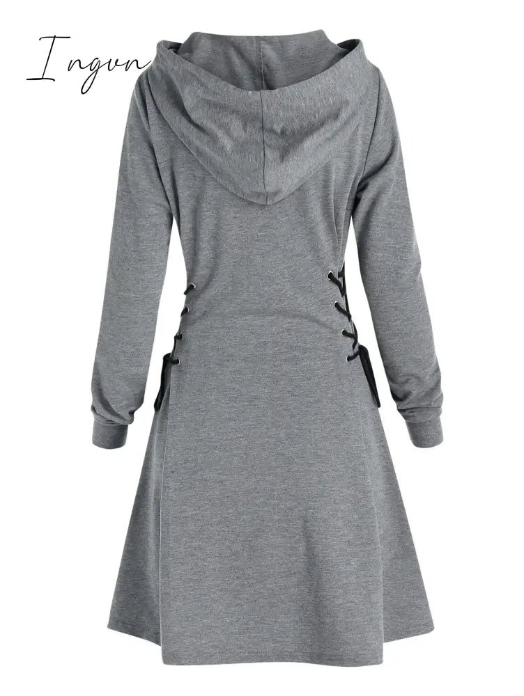 Ingvn - Casual Women Long Sleeve Autumn Dress Drawstring Lace Up Mini Hoodie Dress Vestidos Femme Gothic Fashion Dress Streetwear