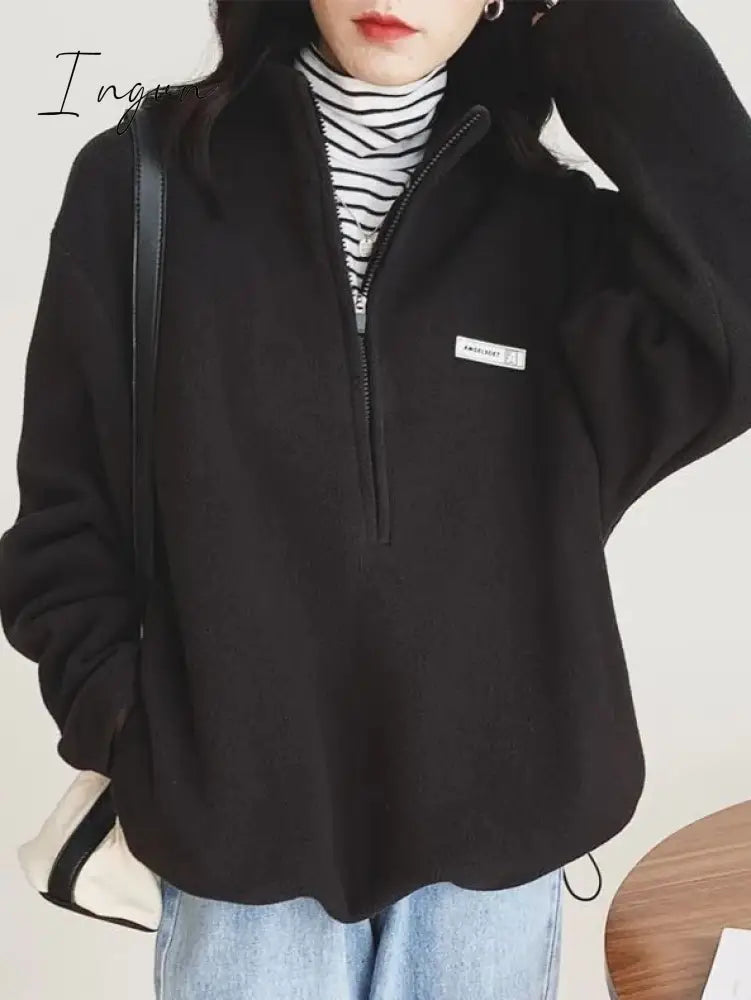 Ingvn - Korean Warm Fleece Hoodies Women Casual Kpop Fashion Plus Velevt Sweatshirt Top Autumn Winter