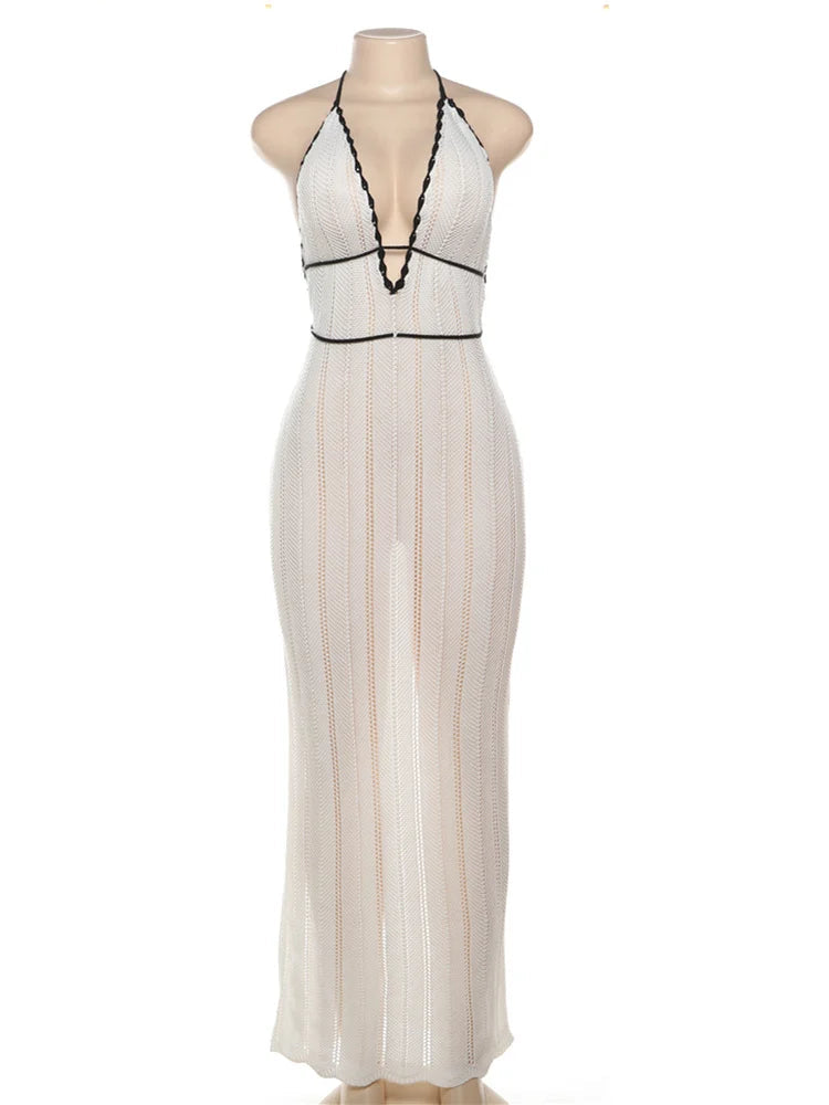 Sexy Elegant Halter Dress Women Summer Backless Lace-Up Color-Block Sleeveless Trendy Nightclub Wild Fashion Clothing