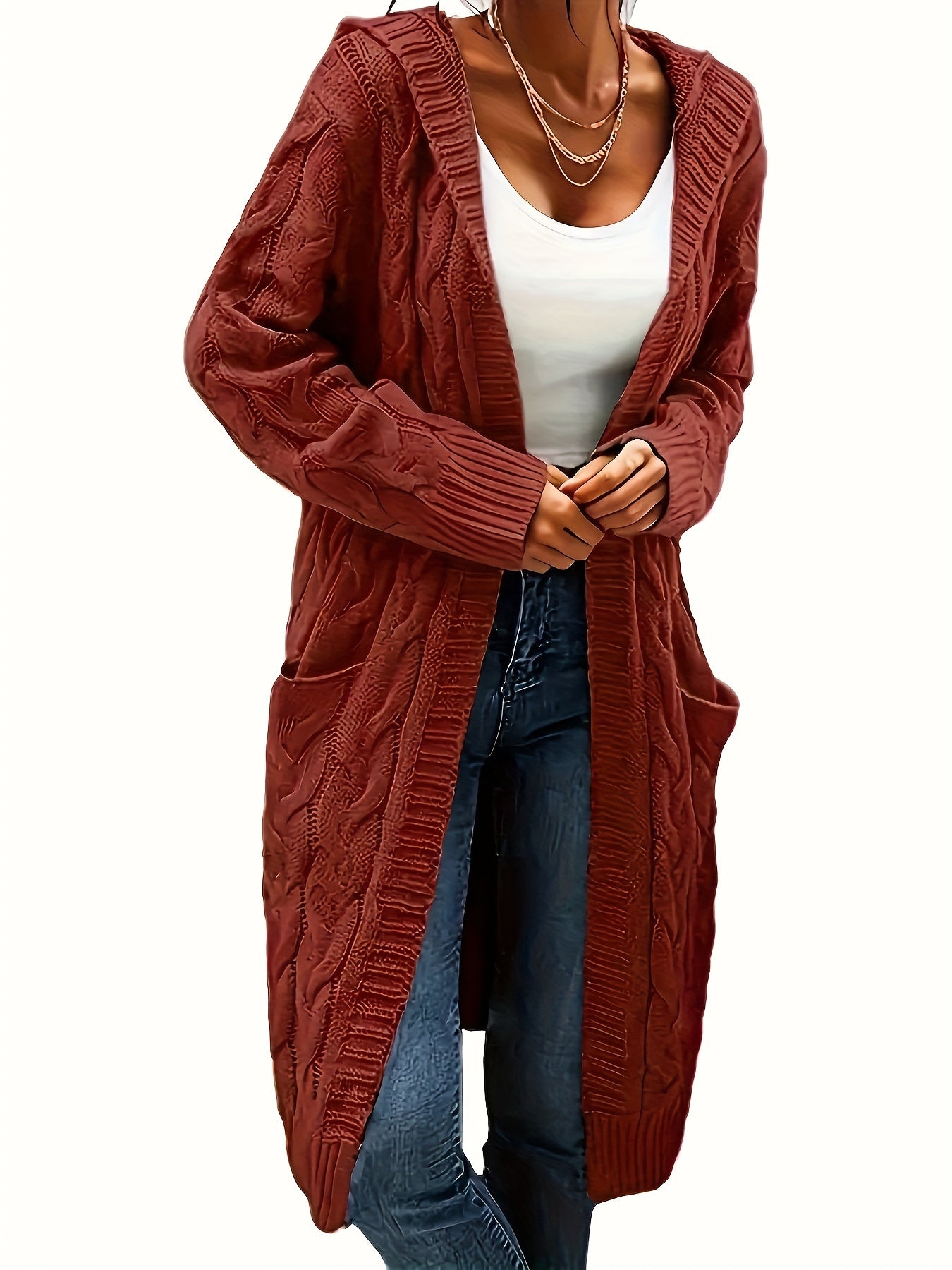 Plus Size Casual Cardigan, Women's Plus Solid Cable Long Sleeve Open Front Hooded Cardigan With Pockets