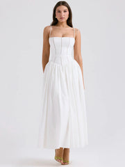 Elegant White Sundress Spaghetti Strap Backless Midi Dress For Women Fashion Sleeveless A-line Loose Long Dress New