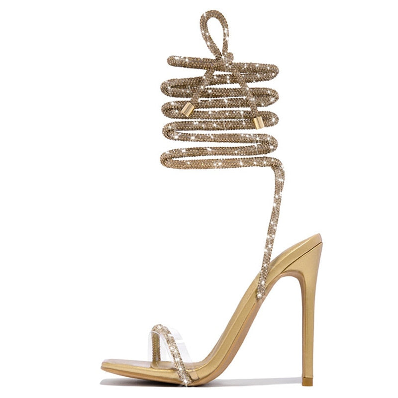 Sexy Gold Crystal Ankle Cross Strap Sandals Women Summer Party Wedding Banquet Shoes Fashion Open Toe Club Stripper Heels