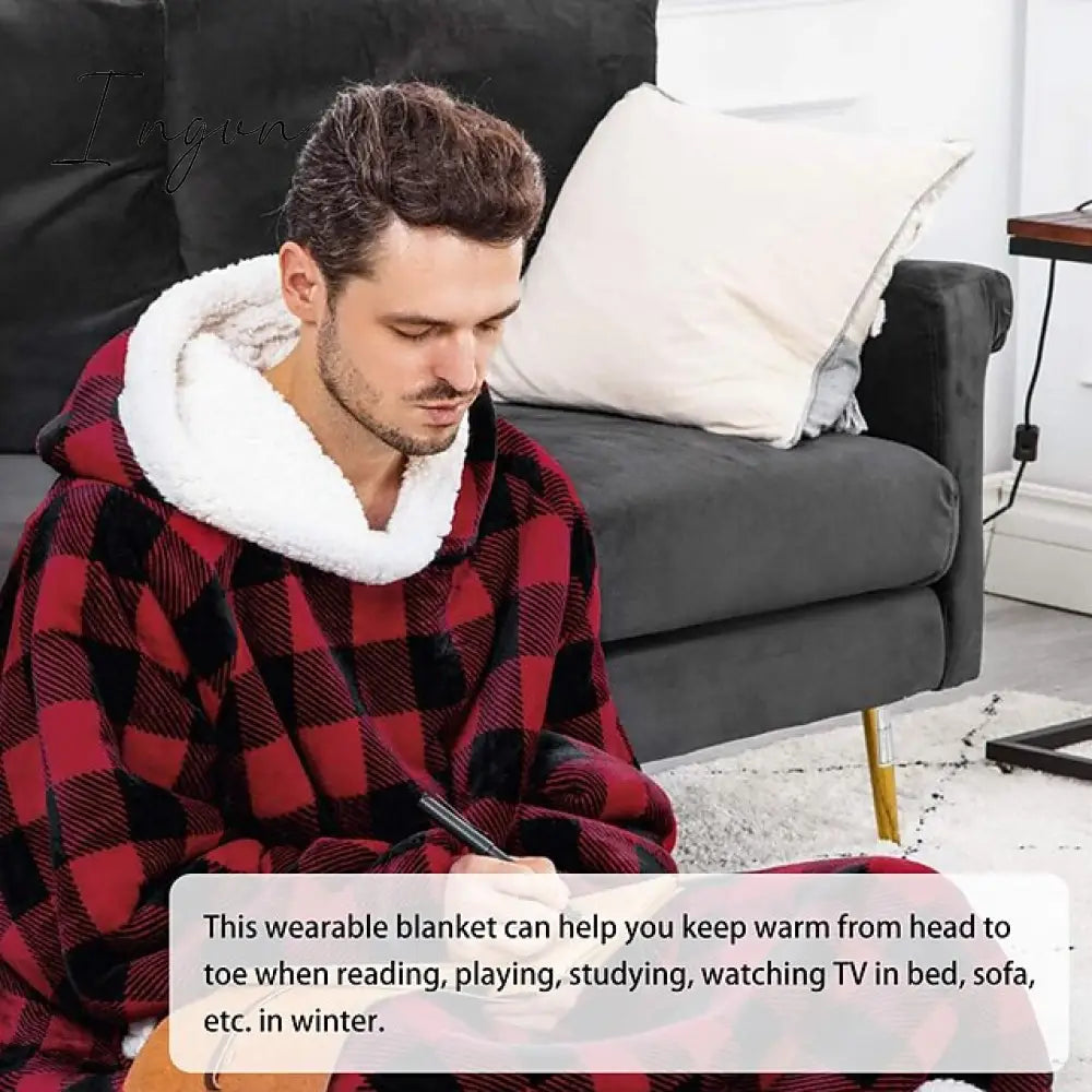 Ingvn - Oversized Wearable Blanket Flannel Thick Soft Warm Long Hoodie Blanket Big Hooded Sweatshirt Hoodie Blanket for Adults Women Girls Teenagers Teens Men Black