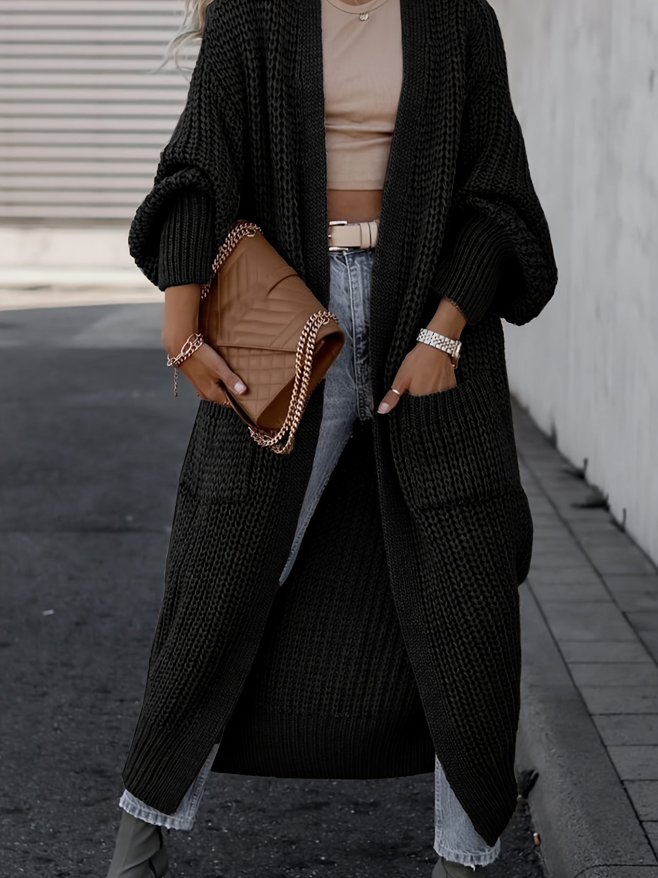 Solid Open Front Pocket Cardigan, Casual Long Sleeve Long Length Sweater For Fall & Winter, Women's Clothing