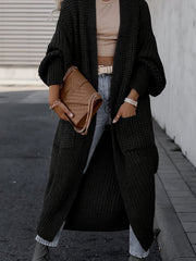 Solid Open Front Pocket Cardigan, Casual Long Sleeve Long Length Sweater For Fall & Winter, Women's Clothing