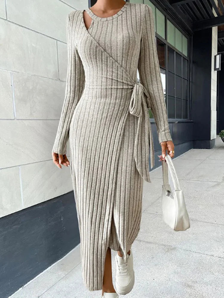 Women Knitting Loungewear Maxi Dress, Autumn Winter Long Sleeve Solid Party Dress, Lace-Up Patchwork Ladies Holiday Dress