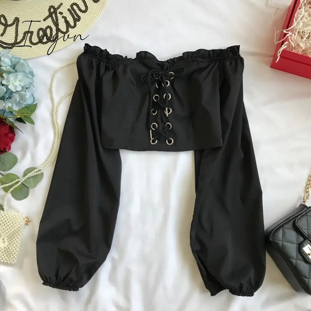 Ingvn - Fashion Woman Blouses Sexy Cut out Crop Tops Ruffle Vintage Blouse With Puff Sleeves Lace Up Ladies Shrts Off Shoulder Luxury
