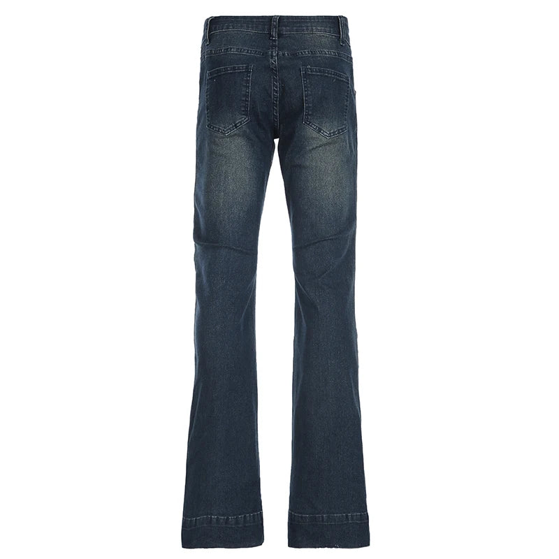 Blue Low Rise Flare Jeans Vintage 2000s Slim-fitting Denim Pants Korean Style Women Trousers y2k Distressed Mom Jeans 90s