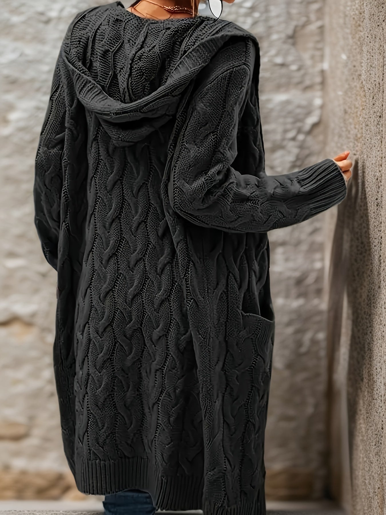 Cozy Micro-Elastic Plus Size Women's Long Sleeve Open Front Hooded Cardigan with Pockets for Casual Daily Wear - Solid Cable