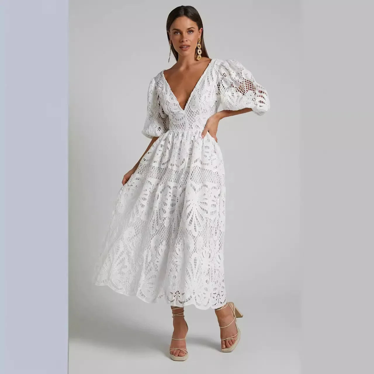 Sexy Hollow Out Long Dress Summer New Arrival V-neck Lace Embroidery Women's Clothing