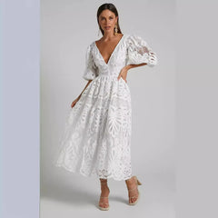 Sexy Hollow Out Long Dress Summer New Arrival V-neck Lace Embroidery Women's Clothing