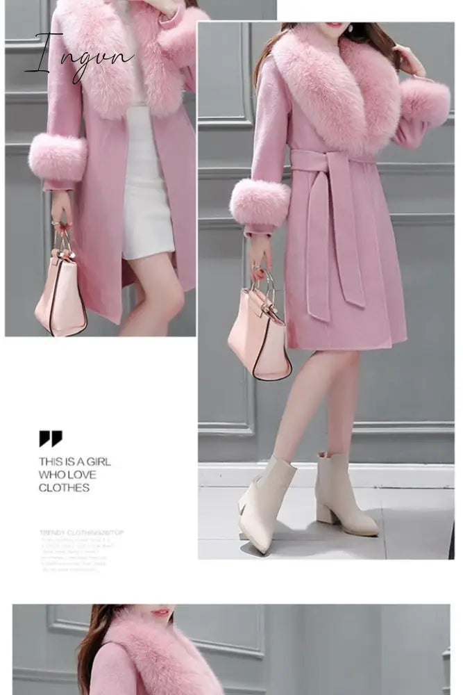 Ingvn - Fur Woolen Coat =New Women  Knee Mid-length Korean Fashion Big Fur Collar Beautiful Cloak Red Pink White Camel S To 3XL