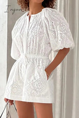 Ingvn - Casual Simplicity Solid Hollowed Out Draw String Pocket O Neck Loose Rompers