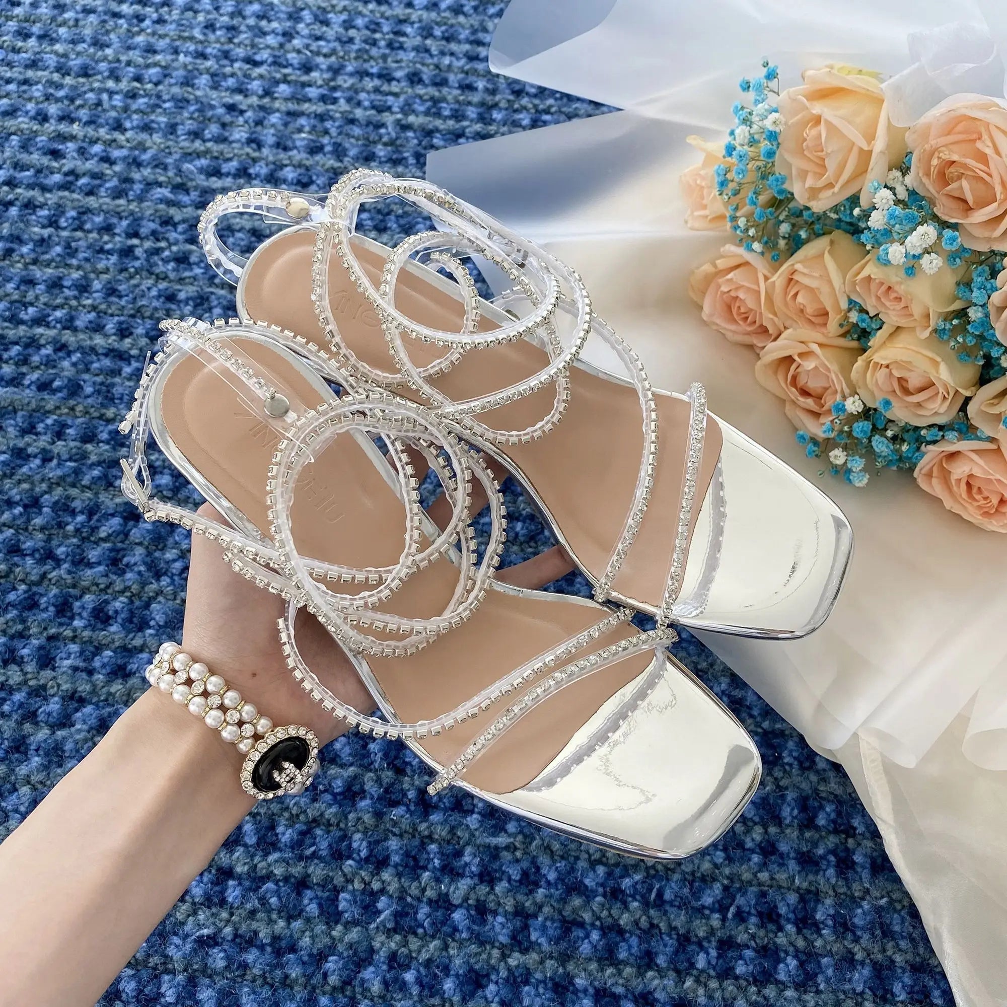 Ingvn  Sandals for Woman Rhinestones Summer  Sexy Open Toe Footwear Thin Heels Women's Shoes Diamond Party Weddings Stiletto Sandal