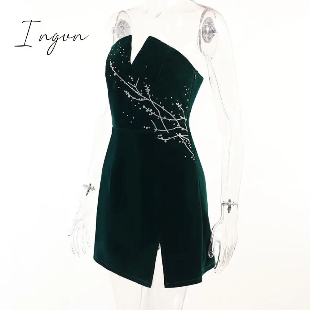 Ingvn - Womens Fall Fashion V Neck Velvet Dress Women Sexy Sleeveless Elegant Fashion Female Clothes Solid Backless Strapless Side Split Dress Black