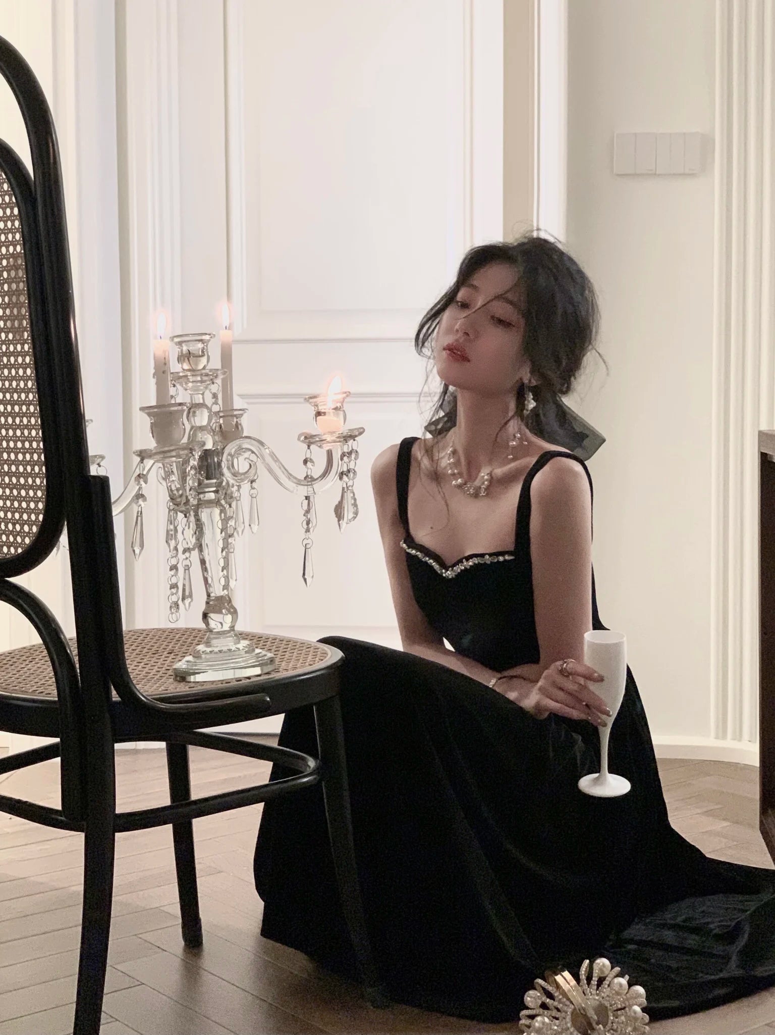 Elegant Wedding Party Black Velvet Midi Dresses for Women Autumn Square Neck Long Sleeves Evening Prom Mini Female Clothing