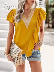 Ingvn - Short sleeved shirt for women's summer 2023 temperament commuting V-neck ruffle top