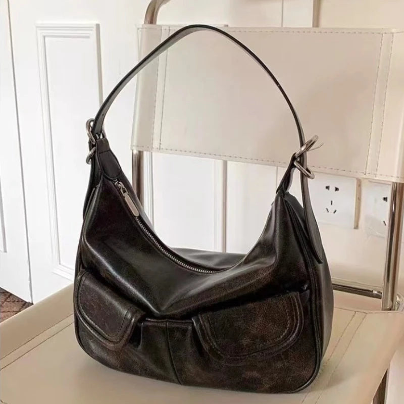 INGVN  2024 New Women Vintage Underarm Bag Korean Office Lady All Match Top-Handle Bags Trendy Fashion Simple Zipper Shoulder Handbags