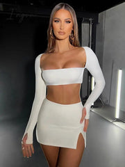 Ingvn - Sexy Dress Set Women White Square Collar Full Sleeve Crop Top And Mini Skirt Matching Sets Ladies Party Two Piece Set
