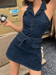 Ingvn - Sleeveless Polo Collar Denim Mini Dress