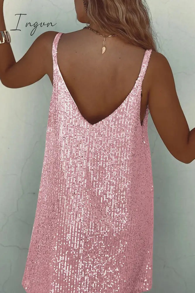 Ingvn - Sexy Solid Sequins V Neck Sling Dress Dresses