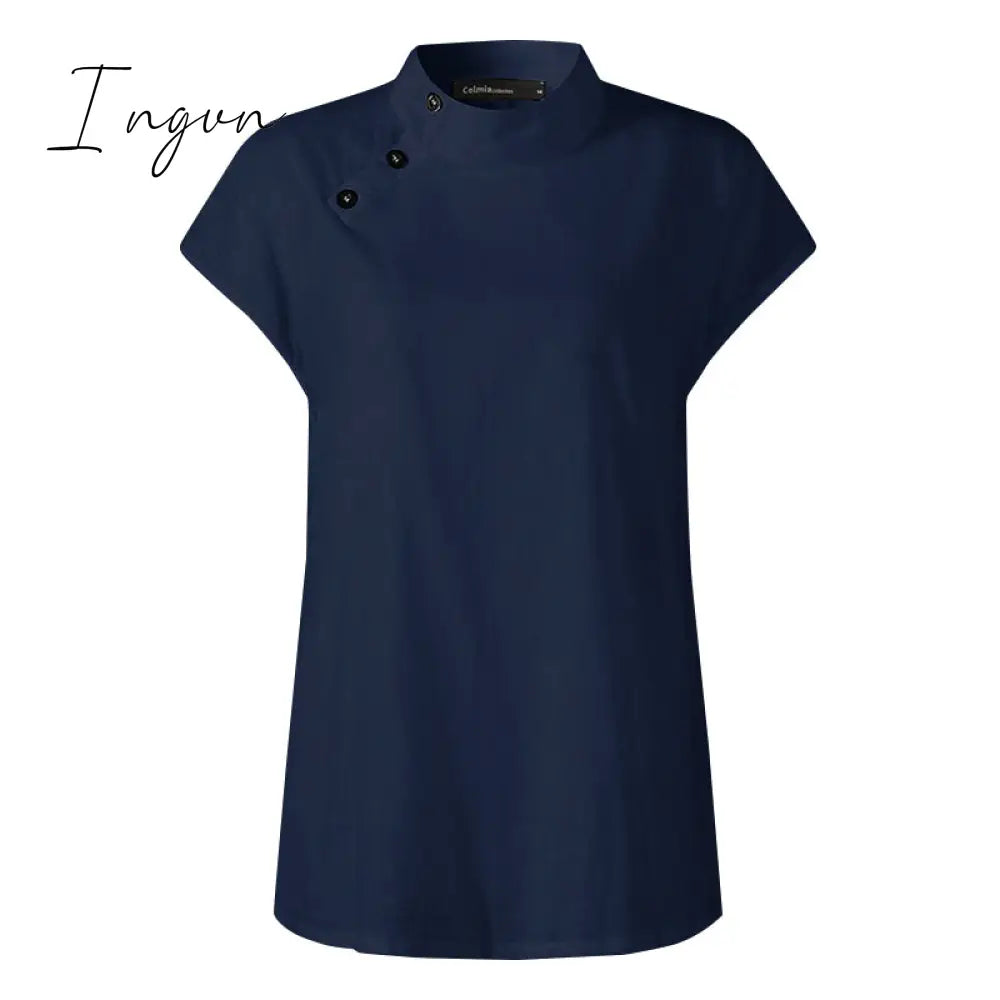 Ingvn - New Stylish Tunic Tops Plus Size Women Short Sleeve Summer Blouses Buttons Solid Cotton Linen Tops Casual Loose Blusas Femme