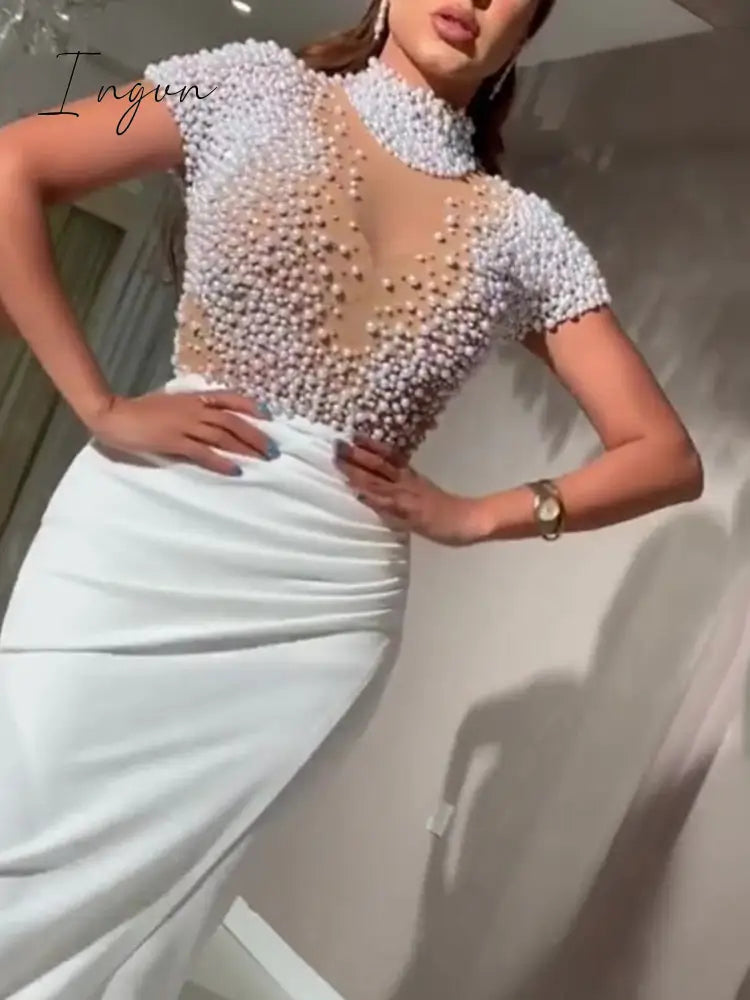 Ingvn - Women Sexy Dress Transparent Tulle with Bead Tops Patchwork Slit Party Dresses Short Sleeves Female Summer Night Date Out