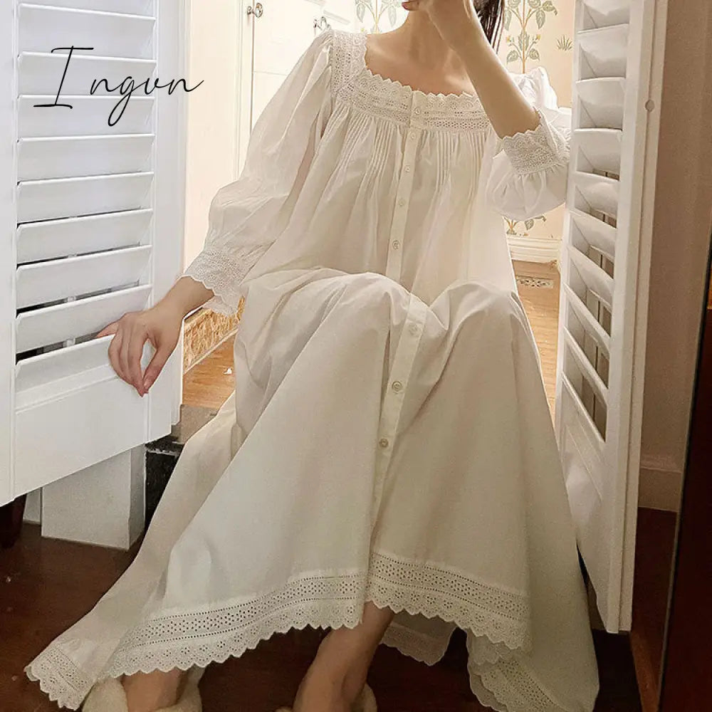 Ingvn - Women Sleepwear French Style Cotton Princess Dress Vintage Ladies Long Sleeves Nightgowns Square Neck Pleated Nightdress