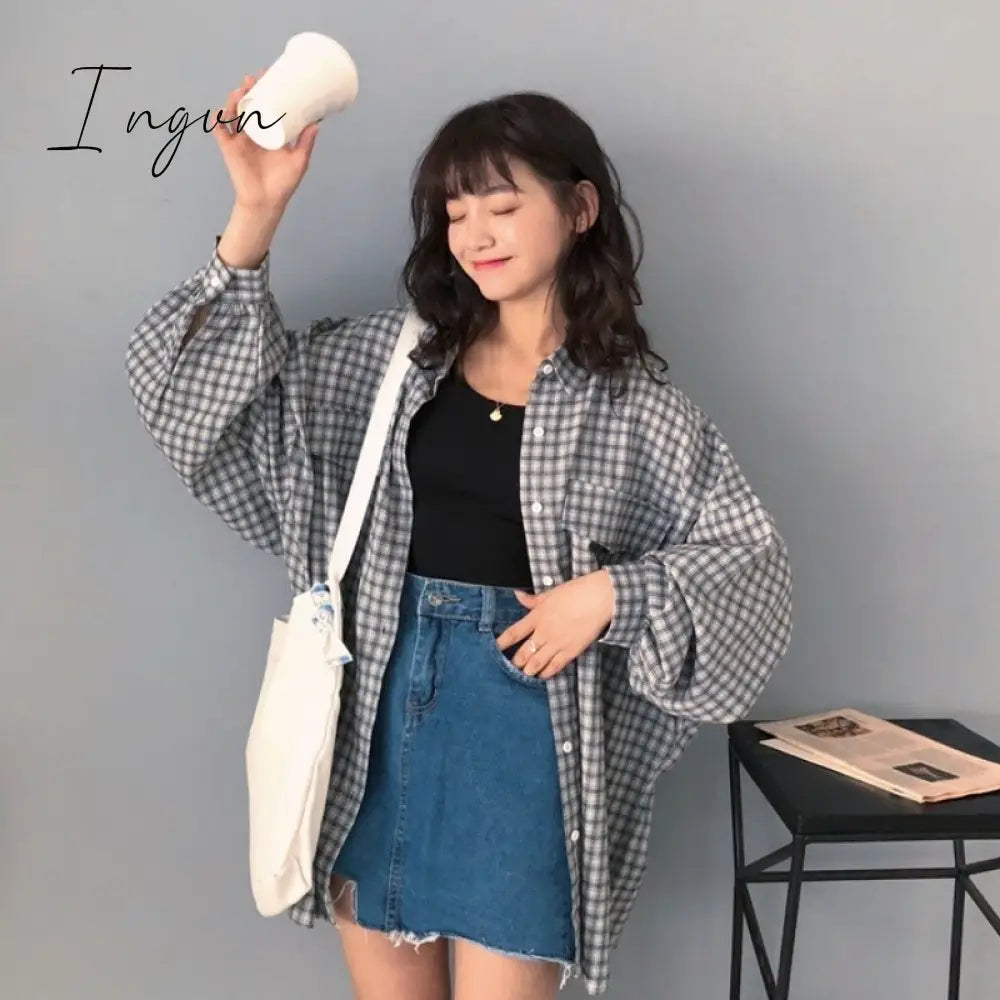 Ingvn - Single Breasted Loose Plaid Shirt