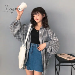 Ingvn - Single Breasted Loose Plaid Shirt
