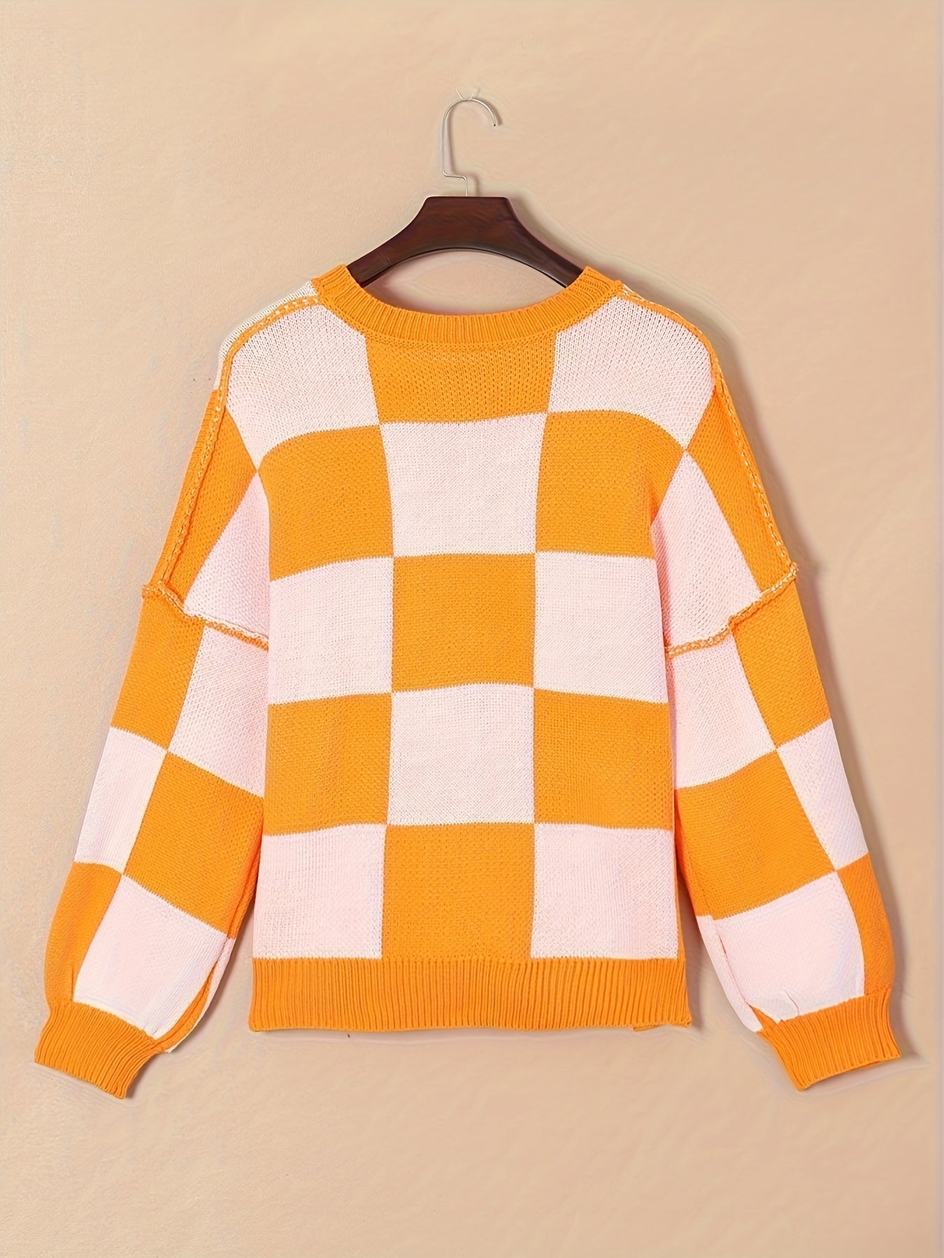 Cozy Plaid Crew Neck Sweater - Soft Micro Elasticity, Color Block Long Sleeve, Machine Washable - Casual Fall & Winter Fashion for Women
