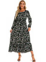 Vibrant Floral Print Long Sleeve Crew Neck Ruffle Dress - Flowy, Bohemian Chic, Casual, Comfortable, Women's Long Dresses for Daily Wear - Perfect for Spring, Summer, and Autumn Seasons