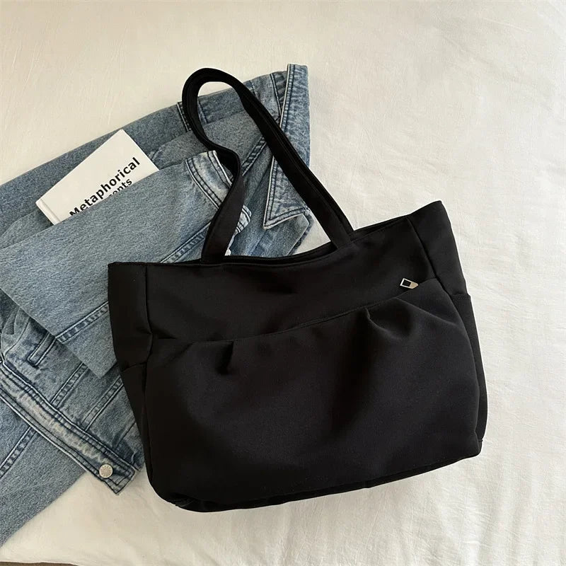 Ingvn  Casual Early Autumn Women Nylon Large Capacity Smooth Shoulder Bag Commuter Supple Solid Colour Ruched Outer Pocket Handle Bag