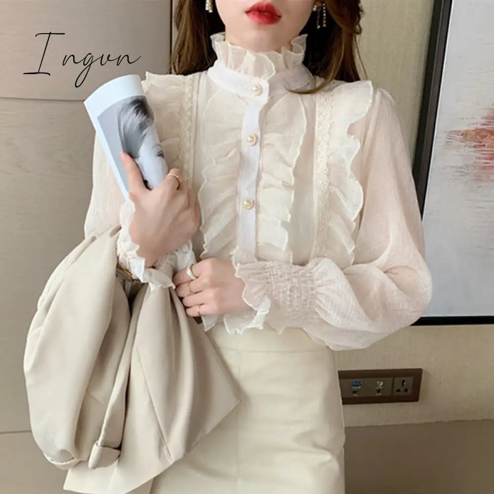 Ingvn - Woman Chic Long Sleeve Stand Collar Blouses Women Casual Loose White Tops Korean Lace Ruffles Elegant Chiffon Shirt Blusas