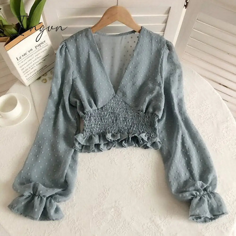 Ingvn - Women Fashion Spring Women Sweet Spot Blouse Ladies Fashion Chiffon Pullover Shirt V-neck Slim Long Puff Sleeve Folds Tunic Short Top